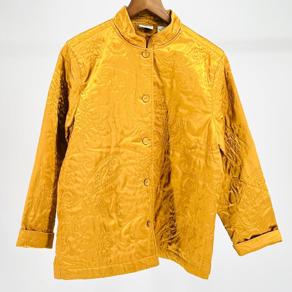 NWT Vintage 90s Classic Elements Quilted Gold Satin Mandarin Collar Jacket